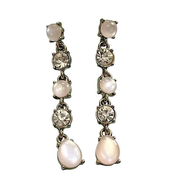 🌴 Gold & Pearl Crystal Drop Earrings | Elegant 2” Dangling Dangle - Picture 1 of 8
